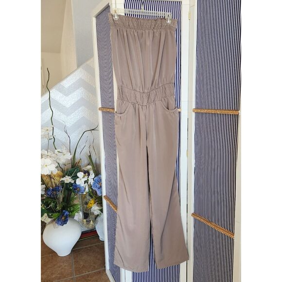 Pants - Classy Beige Wide Leg Strapless pants jumpsuit Size Medium